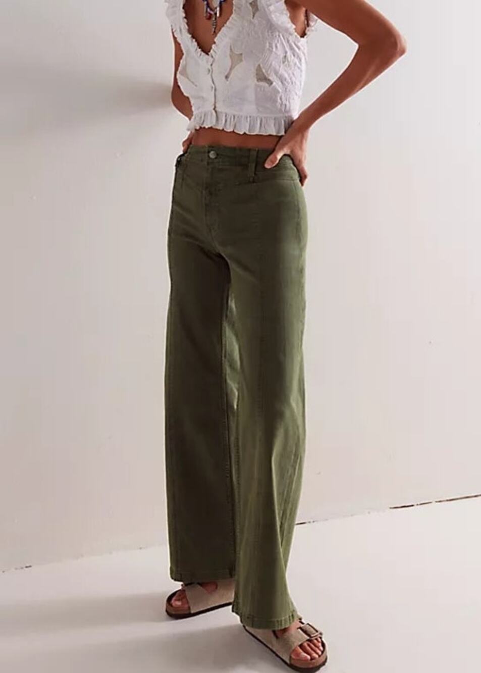 Free People Libre Cotton Blend High Waisted Wide-Leg Jeans Thyme Green 32 / 14